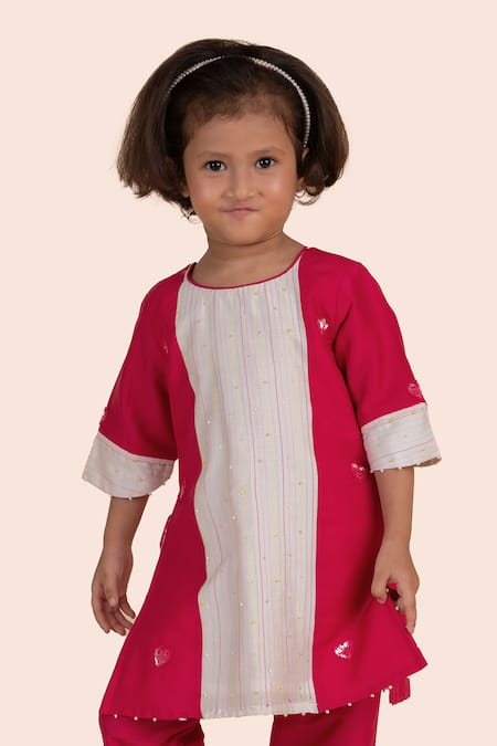 Shop_Partykles_Pink Cotton, Silk Sequins, Embroidery Heart Motif Kurta Set _Online_at_Aza_Fashions
