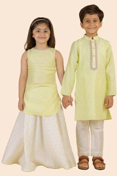 Partykles_Yellow Silk, Chanderi Sequins, Embroidery A-line Kurta And Skirt Set _at_Aza_Fashions
