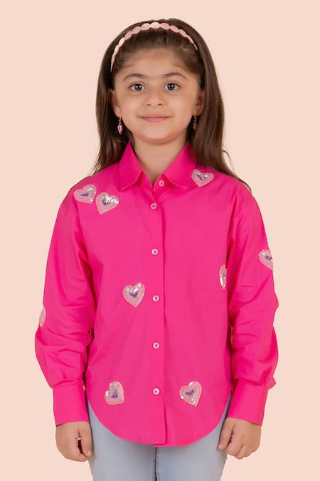 Partykles_Pink Cotton Sequins Fuchsia Heart Shirt _Online_at_Aza_Fashions