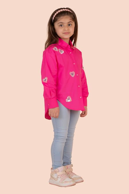Buy_Partykles_Pink Cotton Sequins Fuchsia Heart Shirt _Online_at_Aza_Fashions