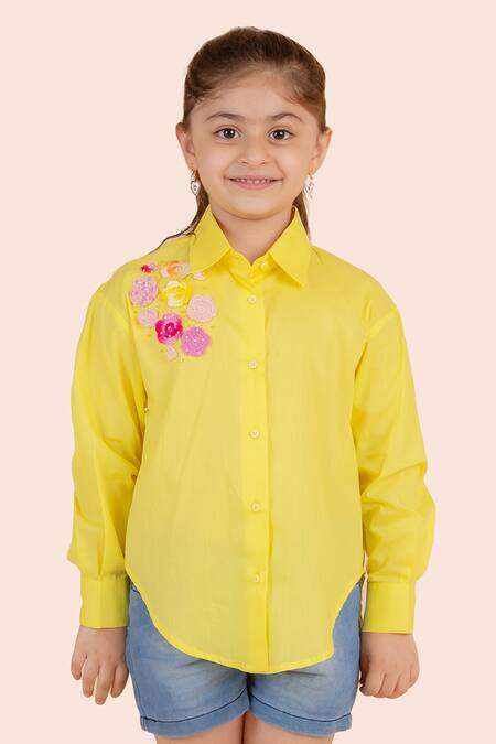 Partykles Yellow Cotton Embroidery High Low Crochet Flower Shirt Online at Aza Fashions Partykles_Yellow Cotton Embroidery High Low Crochet Flower Shirt _Online_at_Aza_Fashions