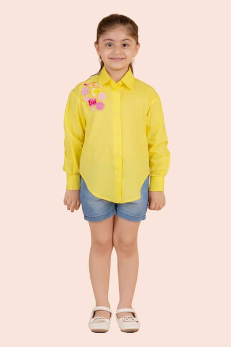 Buy Partykles Yellow Cotton Embroidery High Low Crochet Flower Shirt Online at Aza Fashions Buy_Partykles_Yellow Cotton Embroidery High Low Crochet Flower Shirt _Online_at_Aza_Fashions