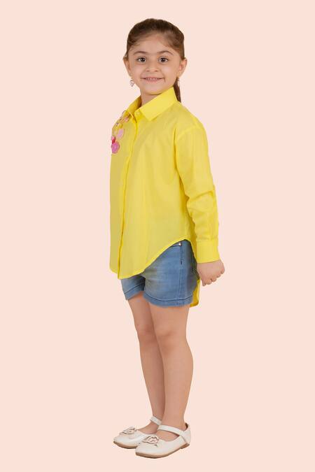 Shop Partykles Yellow Cotton Embroidery High Low Crochet Flower Shirt Online at Aza Fashions Shop_Partykles_Yellow Cotton Embroidery High Low Crochet Flower Shirt _Online_at_Aza_Fashions