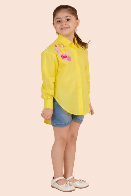 Partykles Yellow Cotton Embroidery High Low Crochet Flower Shirt at Aza Fashions Partykles_Yellow Cotton Embroidery High Low Crochet Flower Shirt _at_Aza_Fashions