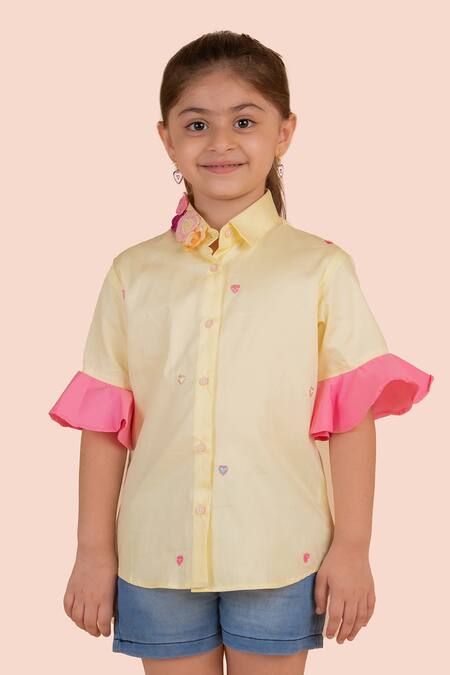Partykles_Yellow Cotton Satin Embroidery Heart Shirt _Online_at_Aza_Fashions