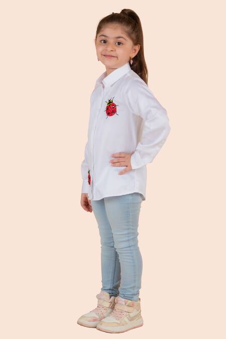 Buy_Partykles_White Cotton Satin Embroidery Ladybug Shirt _Online_at_Aza_Fashions