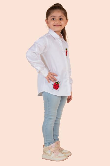 Shop_Partykles_White Cotton Satin Embroidery Ladybug Shirt _Online_at_Aza_Fashions