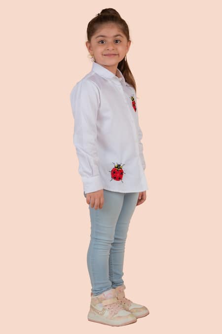 Partykles_White Cotton Satin Embroidery Ladybug Shirt _at_Aza_Fashions