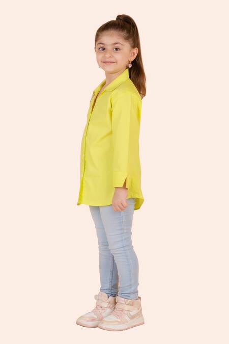 Partykles_Yellow Cotton Satin Embroidery Butterfly And Dragonfly Shirt _Online_at_Aza_Fashions