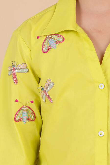 Buy_Partykles_Yellow Cotton Satin Embroidery Butterfly And Dragonfly Shirt _Online_at_Aza_Fashions