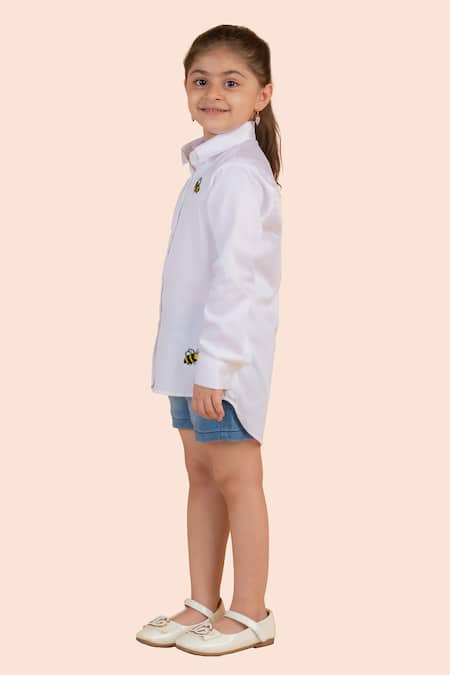 Partykles White Cotton Embroidery Bee Motif Shirt Online at Aza Fashions Partykles_White Cotton Embroidery Bee Motif Shirt _Online_at_Aza_Fashions