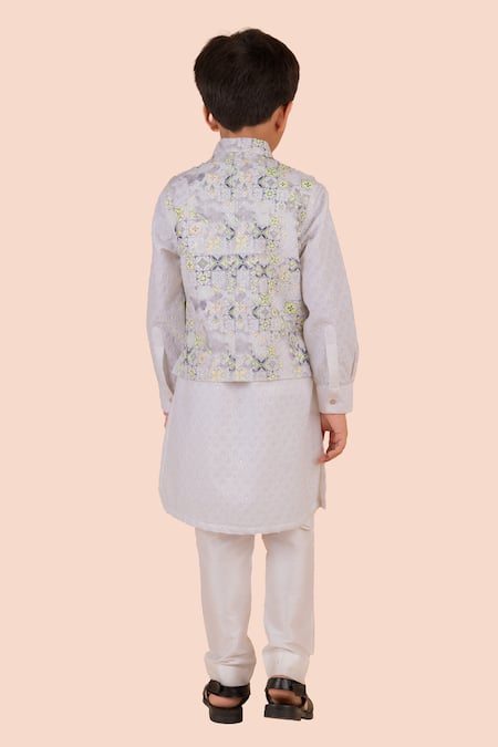 Shop_Partykles_Off White Cotton Sequins, Embroidery Floral Bundi Kurta Set _at_Aza_Fashions