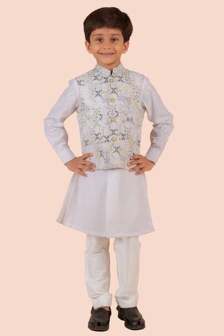 Partykles_Off White Cotton Sequins, Embroidery Floral Bundi Kurta Set _Online_at_Aza_Fashions