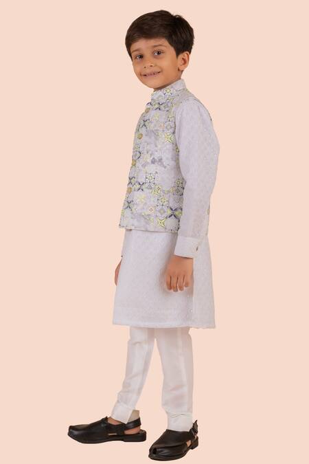 Buy_Partykles_Off White Cotton Sequins, Embroidery Floral Bundi Kurta Set _Online_at_Aza_Fashions