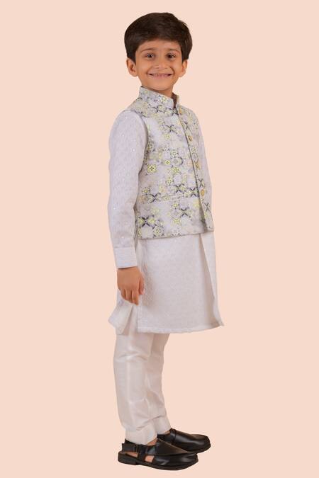 Shop_Partykles_Off White Cotton Sequins, Embroidery Floral Bundi Kurta Set _Online_at_Aza_Fashions
