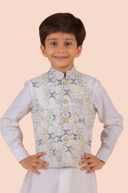 Buy_Partykles_Off White Cotton Sequins, Embroidery Floral Bundi Kurta Set 