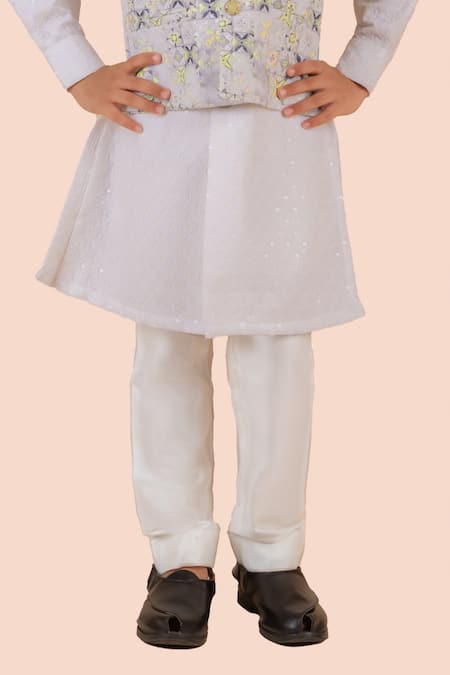 Shop_Partykles_Off White Cotton Sequins, Embroidery Floral Bundi Kurta Set 