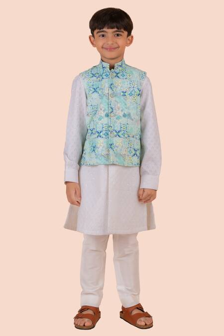Partykles_Blue Cotton Embroidery Floral Print Bundi Kurta Set _Online_at_Aza_Fashions
