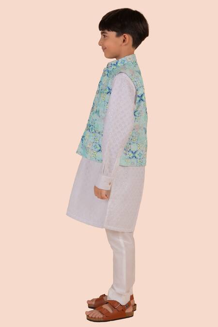 Buy_Partykles_Blue Cotton Embroidery Floral Print Bundi Kurta Set _Online_at_Aza_Fashions