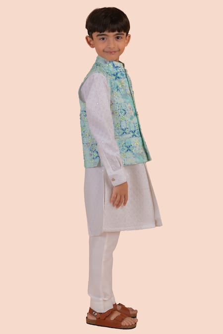 Shop_Partykles_Blue Cotton Embroidery Floral Print Bundi Kurta Set _Online_at_Aza_Fashions