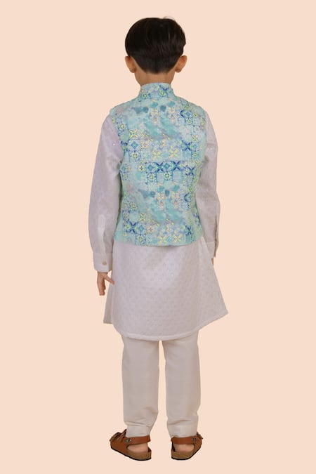 Partykles_Blue Cotton Embroidery Floral Print Bundi Kurta Set _at_Aza_Fashions