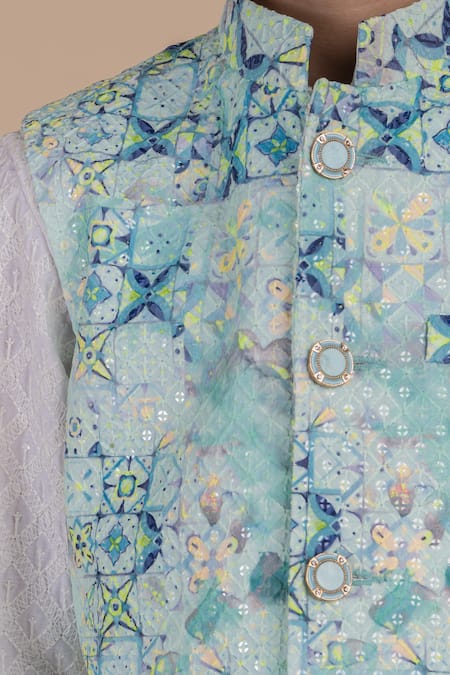 Buy_Partykles_Blue Cotton Embroidery Floral Print Bundi Kurta Set 