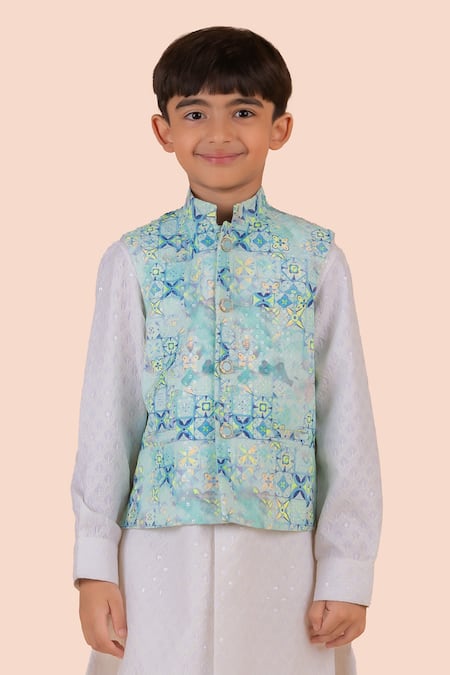 Shop_Partykles_Blue Cotton Embroidery Floral Print Bundi Kurta Set 