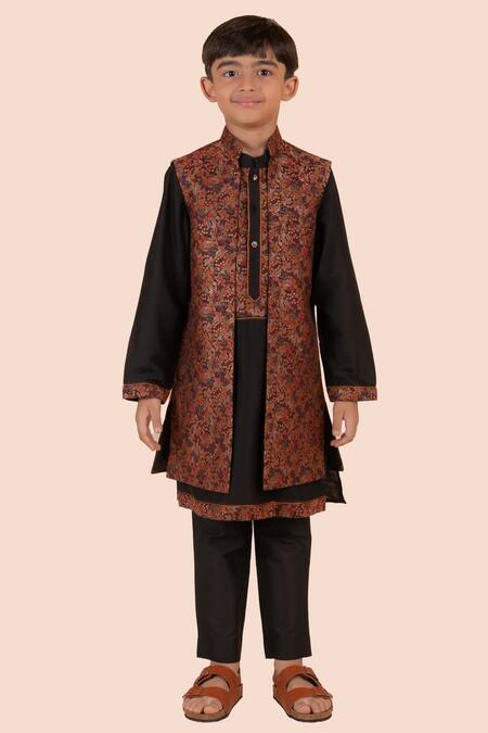 Partykles_Multi Color Brocade, Jacquard Embroidery Woven Foliage Jacket Kurta Set _Online_at_Aza_Fashions