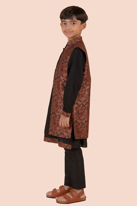 Buy_Partykles_Multi Color Brocade, Jacquard Embroidery Woven Foliage Jacket Kurta Set _Online_at_Aza_Fashions