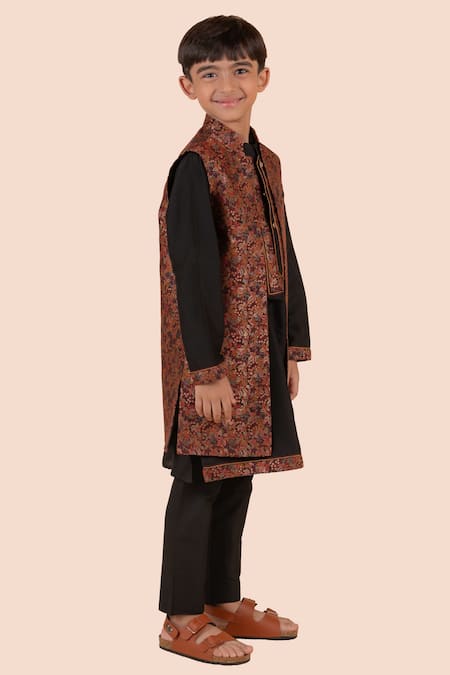 Shop_Partykles_Multi Color Brocade, Jacquard Embroidery Woven Foliage Jacket Kurta Set _Online_at_Aza_Fashions