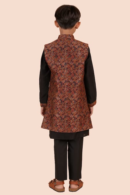 Partykles_Multi Color Brocade, Jacquard Embroidery Woven Foliage Jacket Kurta Set _at_Aza_Fashions