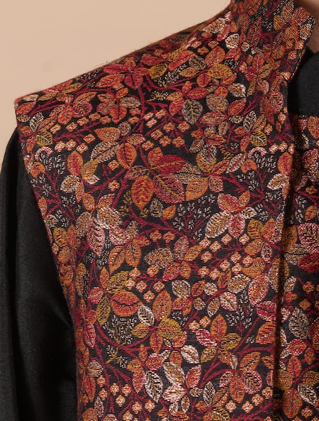 Buy_Partykles_Multi Color Brocade, Jacquard Embroidery Woven Foliage Jacket Kurta Set 