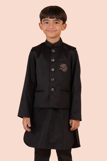 Buy Partykles Black Gabardine, Cotton Satin Beads Embroidered Bundi Kurta Set Buy_Partykles_Black Gabardine, Cotton Satin Beads Embroidered Bundi Kurta Set