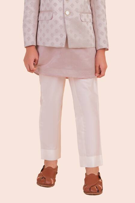 Partykles_Pink Terrycloth Embroidery Floral Woven Bandhgala Pant Set _Online_at_Aza_Fashions