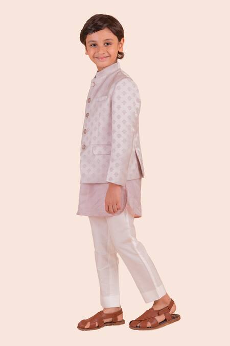 Buy_Partykles_Pink Terrycloth Embroidery Floral Woven Bandhgala Pant Set _Online_at_Aza_Fashions