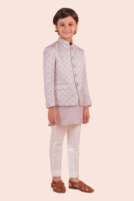 Shop_Partykles_Pink Terrycloth Embroidery Floral Woven Bandhgala Pant Set _Online_at_Aza_Fashions