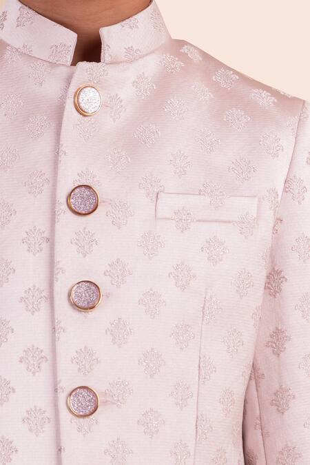 Partykles_Pink Terrycloth Embroidery Floral Woven Bandhgala Pant Set _at_Aza_Fashions