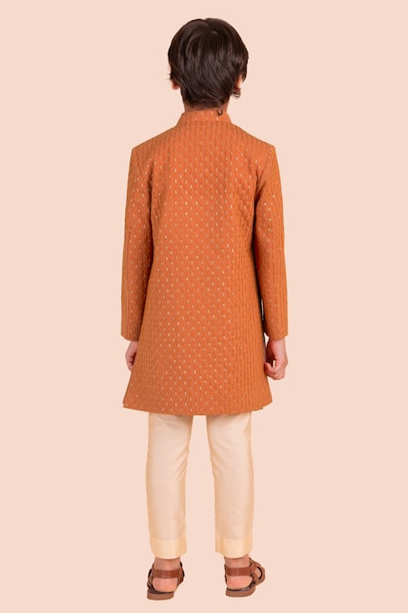 Shop_Partykles_Orange Suiting Embroidered Thread Tonal Bandhgala Pant Set _at_Aza_Fashions