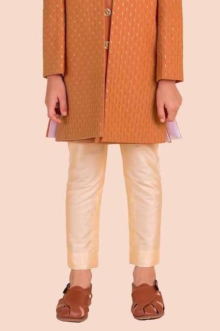 Partykles_Orange Suiting Embroidered Thread Tonal Bandhgala Pant Set _Online_at_Aza_Fashions