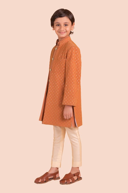 Buy_Partykles_Orange Suiting Embroidered Thread Tonal Bandhgala Pant Set _Online_at_Aza_Fashions
