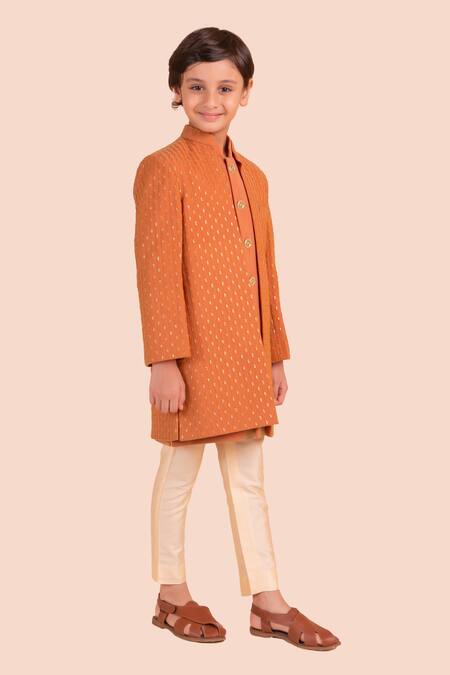 Shop_Partykles_Orange Suiting Embroidered Thread Tonal Bandhgala Pant Set _Online_at_Aza_Fashions