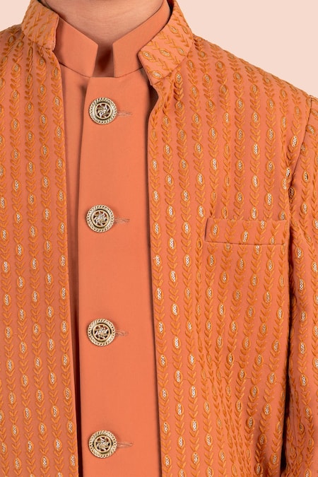 Partykles_Orange Suiting Embroidered Thread Tonal Bandhgala Pant Set _at_Aza_Fashions