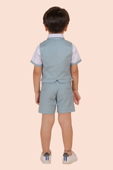 Partykles Solid Blue Linen Waistcoat Shorts Set 