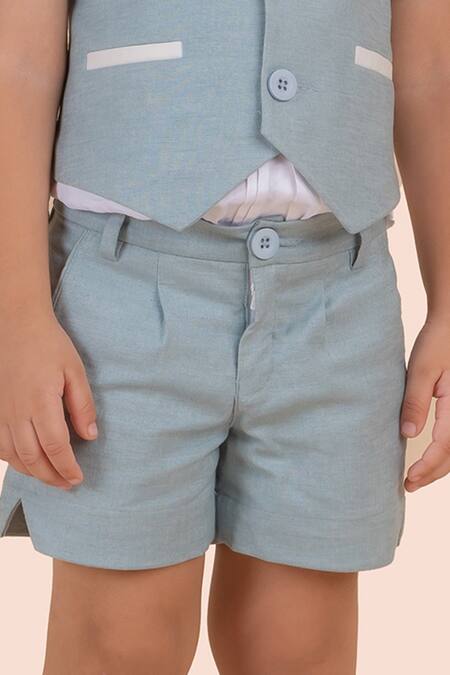 Partykles_White Linen Solid Blue Waistcoat Shorts Set _Online_at_Aza_Fashions