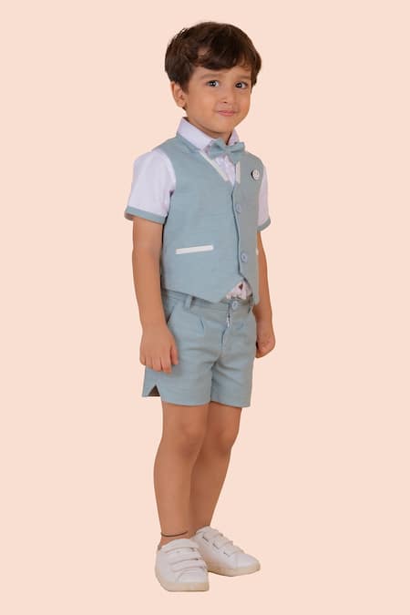Shop_Partykles_White Linen Solid Blue Waistcoat Shorts Set _Online_at_Aza_Fashions