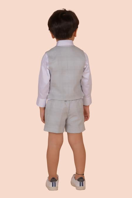 Shop_Partykles_White Cotton, Terrycloth Beige Checkered Waistcoat And Shorts Set _at_Aza_Fashions