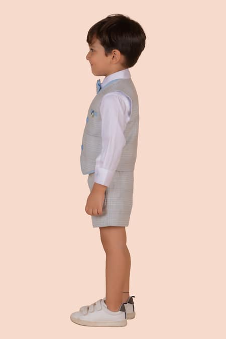 Buy_Partykles_White Cotton, Terrycloth Beige Checkered Waistcoat And Shorts Set _Online_at_Aza_Fashions