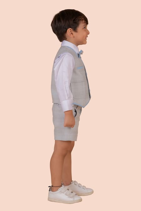 Shop_Partykles_White Cotton, Terrycloth Beige Checkered Waistcoat And Shorts Set _Online_at_Aza_Fashions