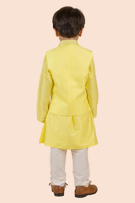Shop Partykles Yellow Cotton, Silk Beads Embroidered Bundi Kurta Set at Aza Fashions Shop_Partykles_Yellow Cotton, Silk Beads Embroidered Bundi Kurta Set _at_Aza_Fashions