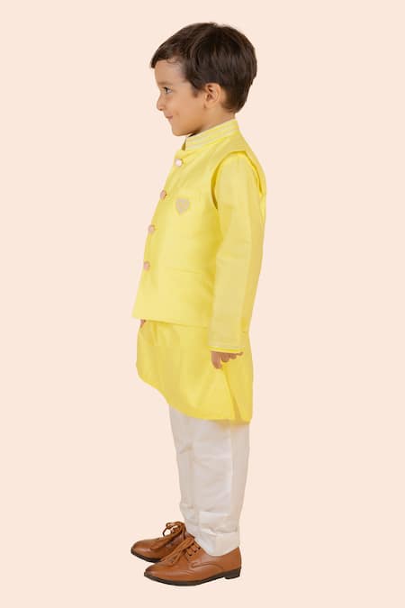 Partykles Yellow Cotton, Silk Beads Embroidered Bundi Kurta Set Online at Aza Fashions Partykles_Yellow Cotton, Silk Beads Embroidered Bundi Kurta Set _Online_at_Aza_Fashions